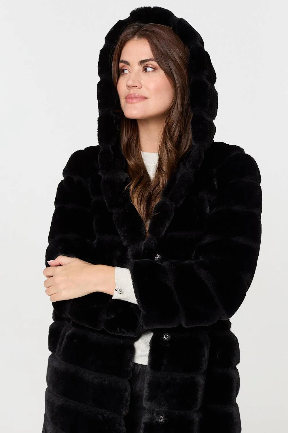 Faux Fur Thigh Length Hooded Jacket