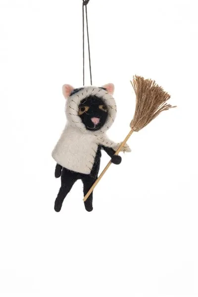 Felt Cat with Broom and Cape Halloween Decoration