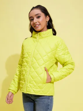 Girls Neon Yellow Taffeta Quilted Zipper Jacket