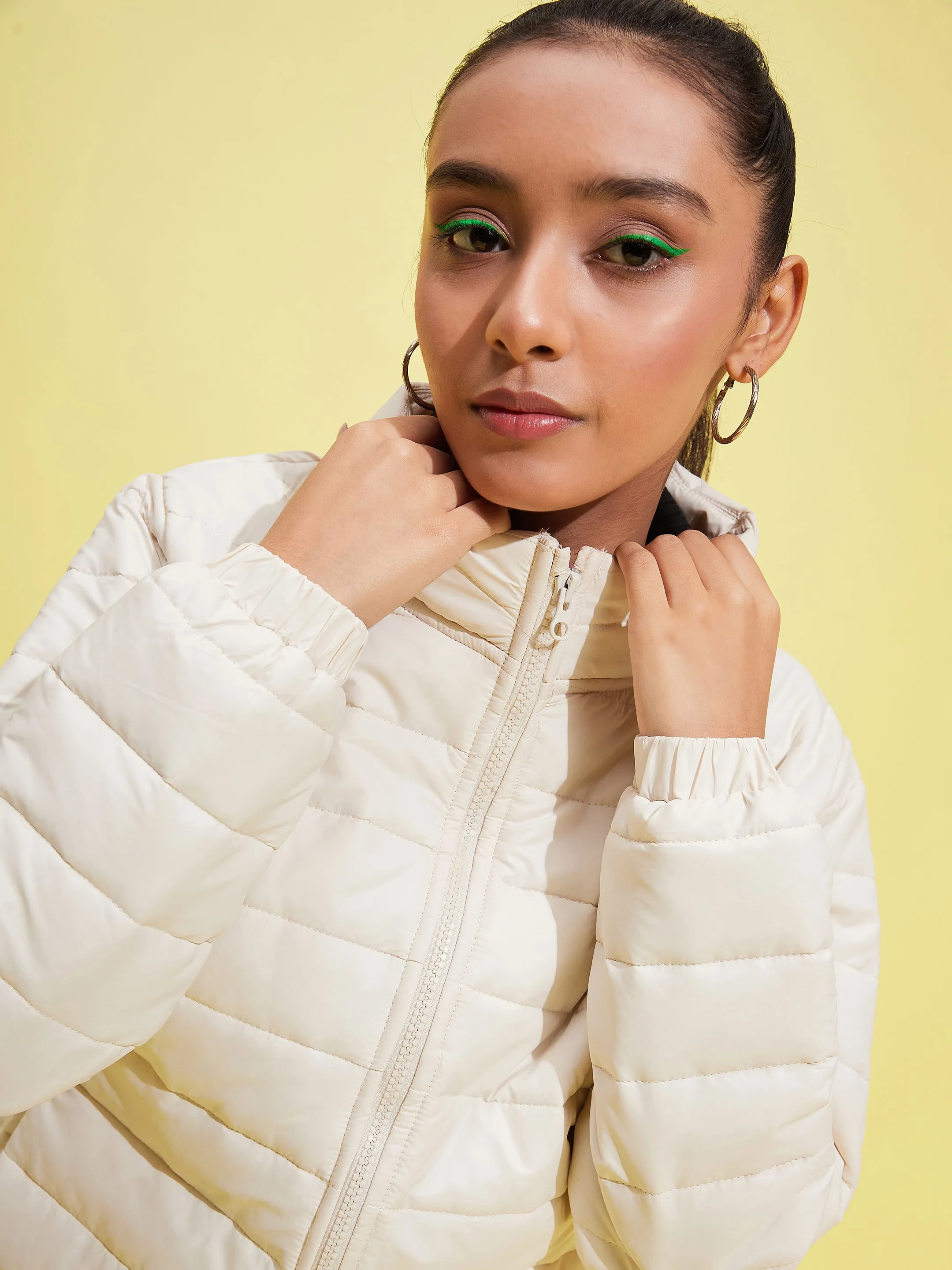 Girls Off White Taffeta Quilted Zipper Jacket