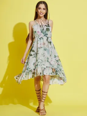 Girls Pista Green Floral Strappy High Low Dress