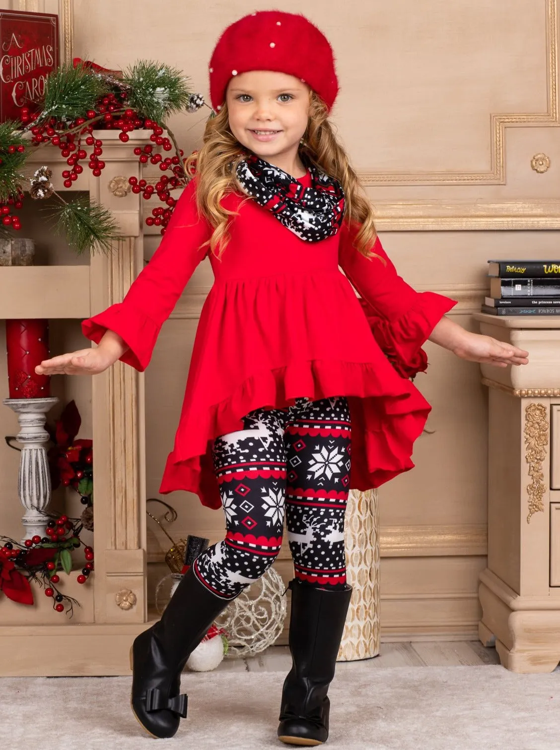 Girls Red And Black Long Sleeve Ruffled Tunic, Winter Print Leggings And Scarf Set