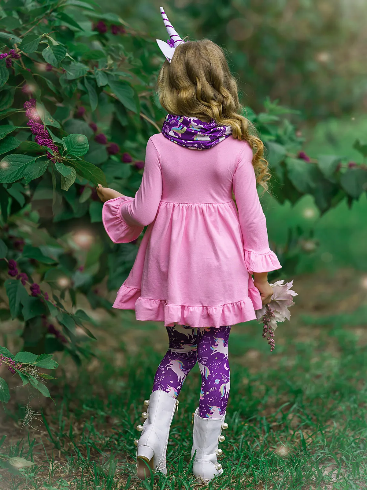 Girls Ruffled 3/4 Sleeve Hi-Lo Tunic, Unicorn Print Leggings And Scarf Set