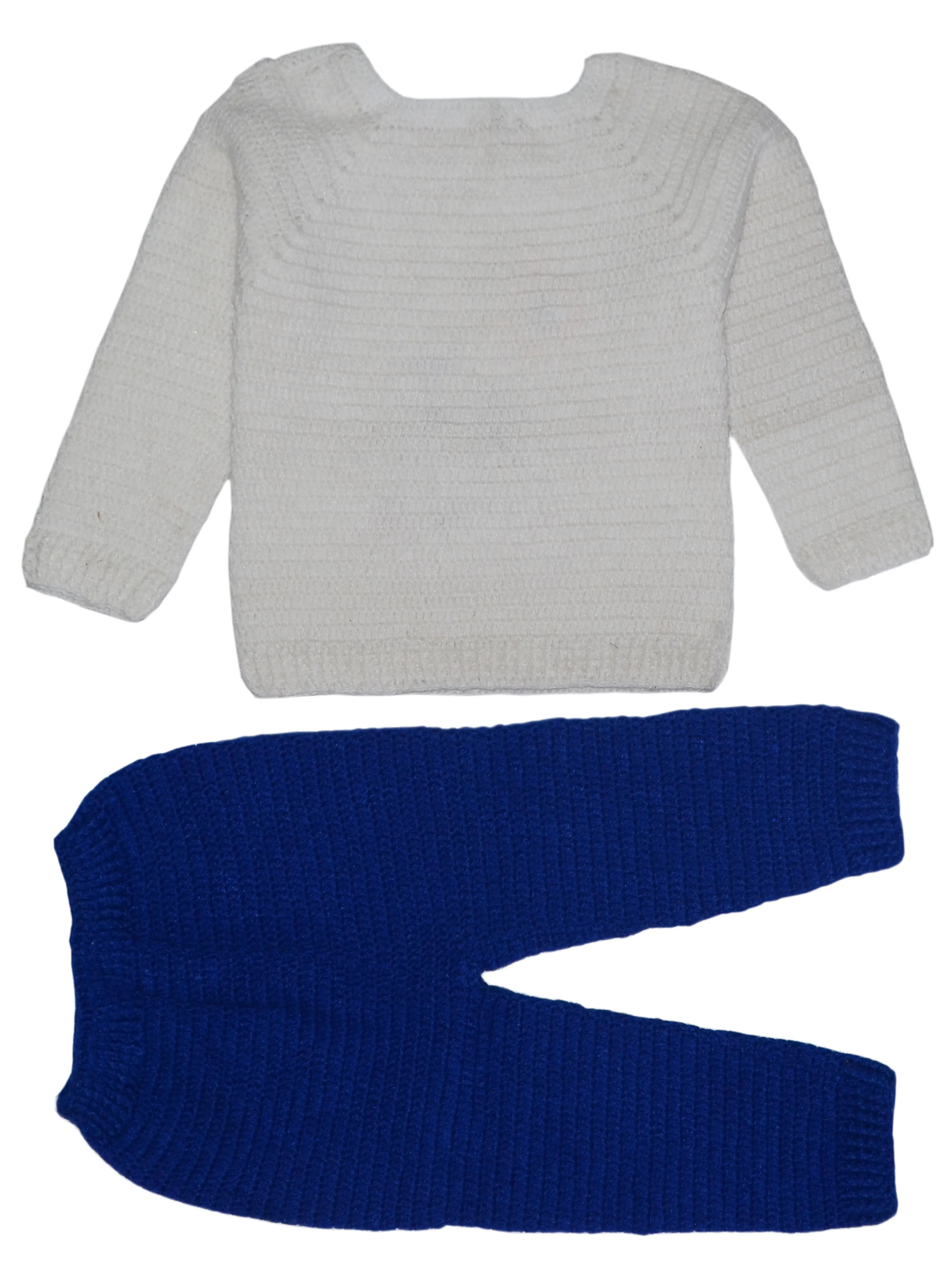 Graceful Handmade Design Full Sleeve Sweater Set With Pant For Baby Boy- White & Blue