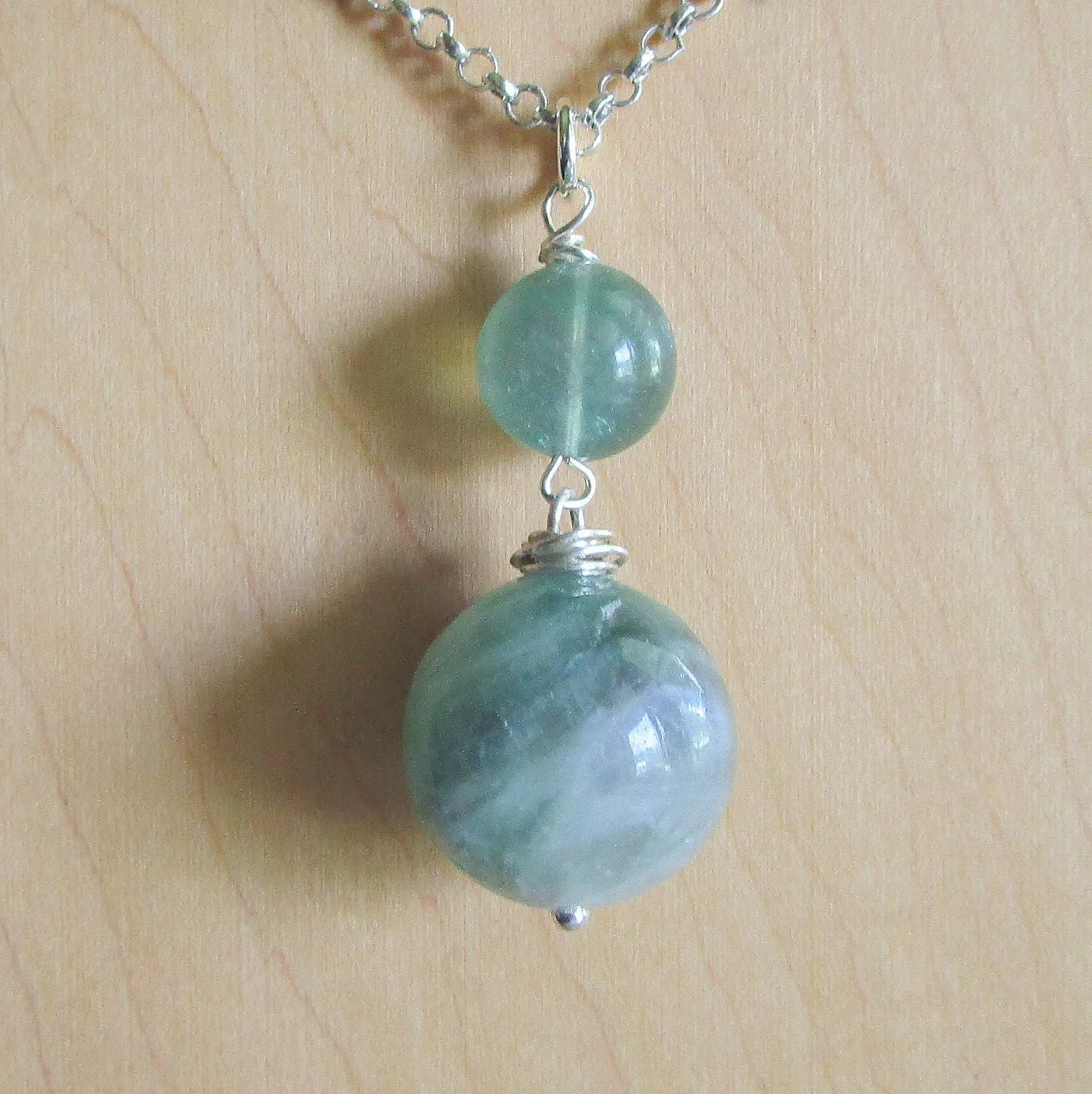 Green Fluorite Double Sphere Natural Crystal Pendant Necklace