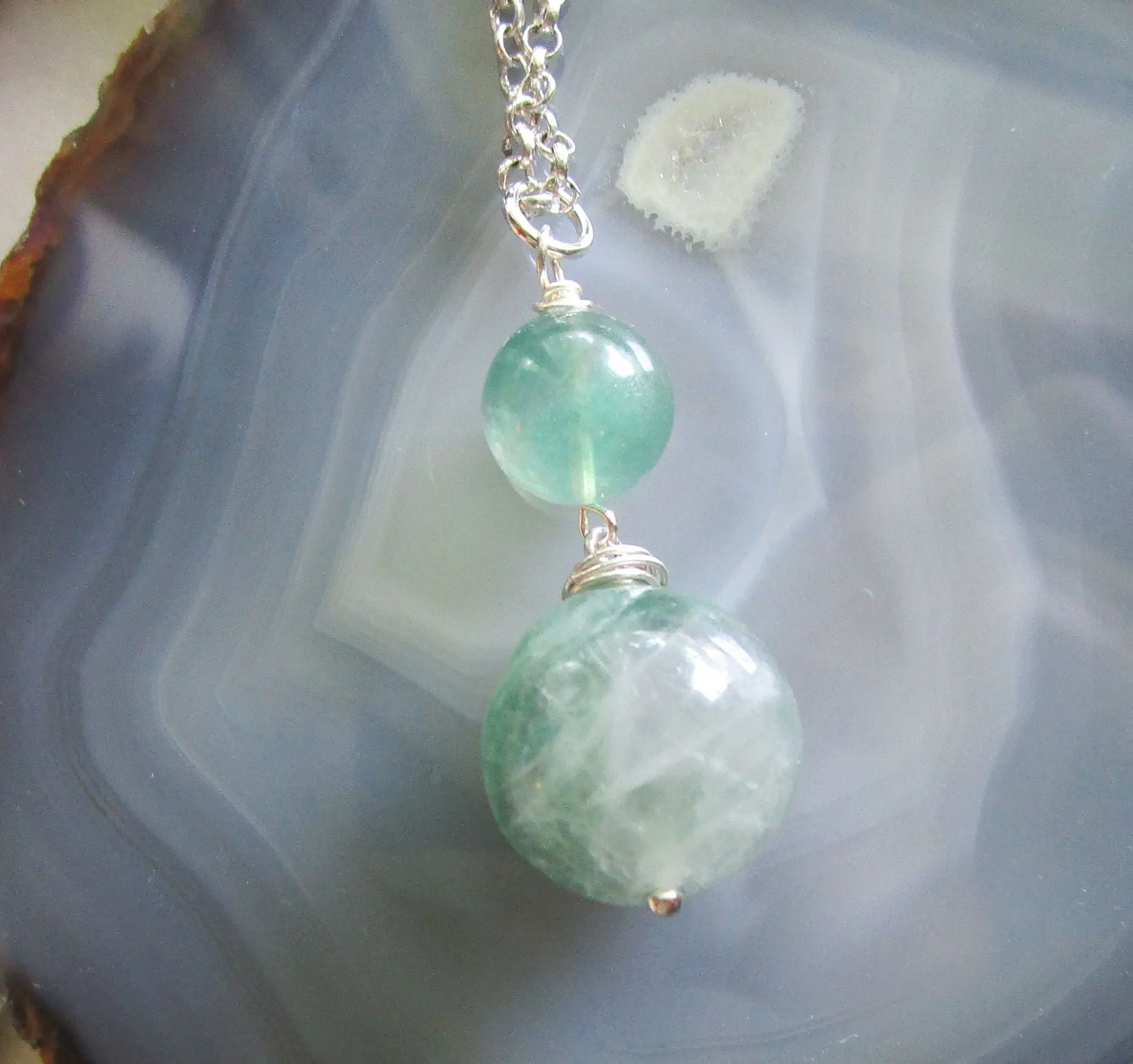 Green Fluorite Double Sphere Natural Crystal Pendant Necklace