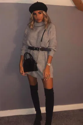 Grey Roll Neck Mini Jumper Dress - Dariyana