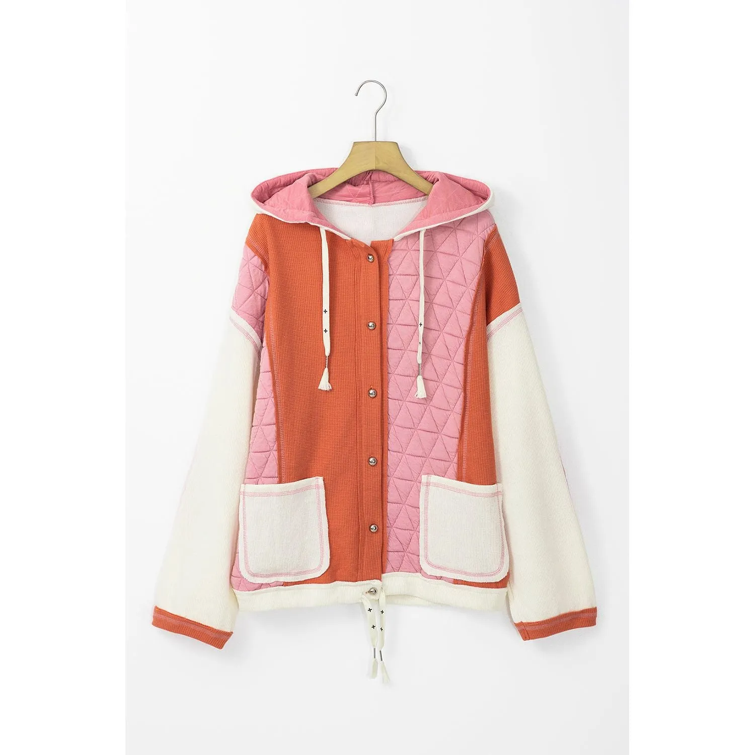 Happiest With You Coral Quilted Loose Fit Hooded Jacket