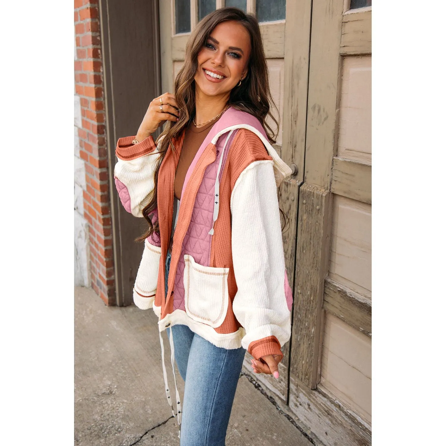 Happiest With You Coral Quilted Loose Fit Hooded Jacket