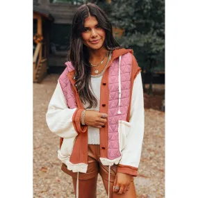 Happiest With You Coral Quilted Loose Fit Hooded Jacket