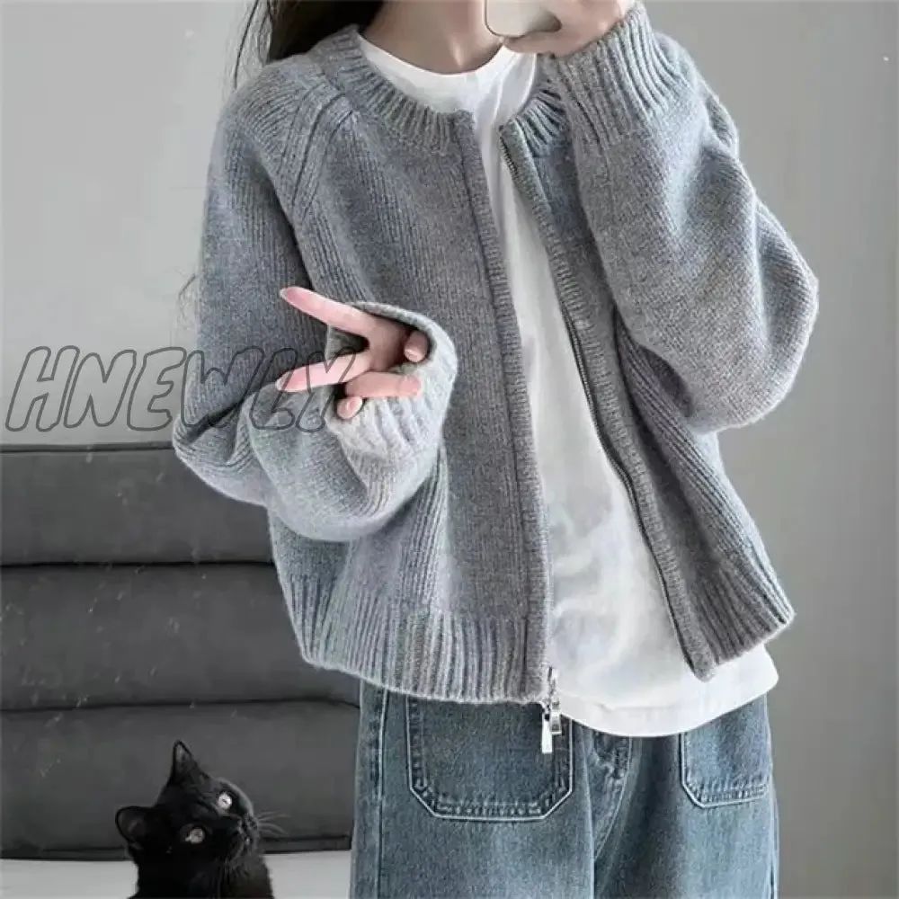 Hnewly Korean Knitted Cardigan Women Sweet Zipper Cropped Sweaters Autumn Vintage Knitwear Coat Casual Short Jumpers Jackets Outerwear