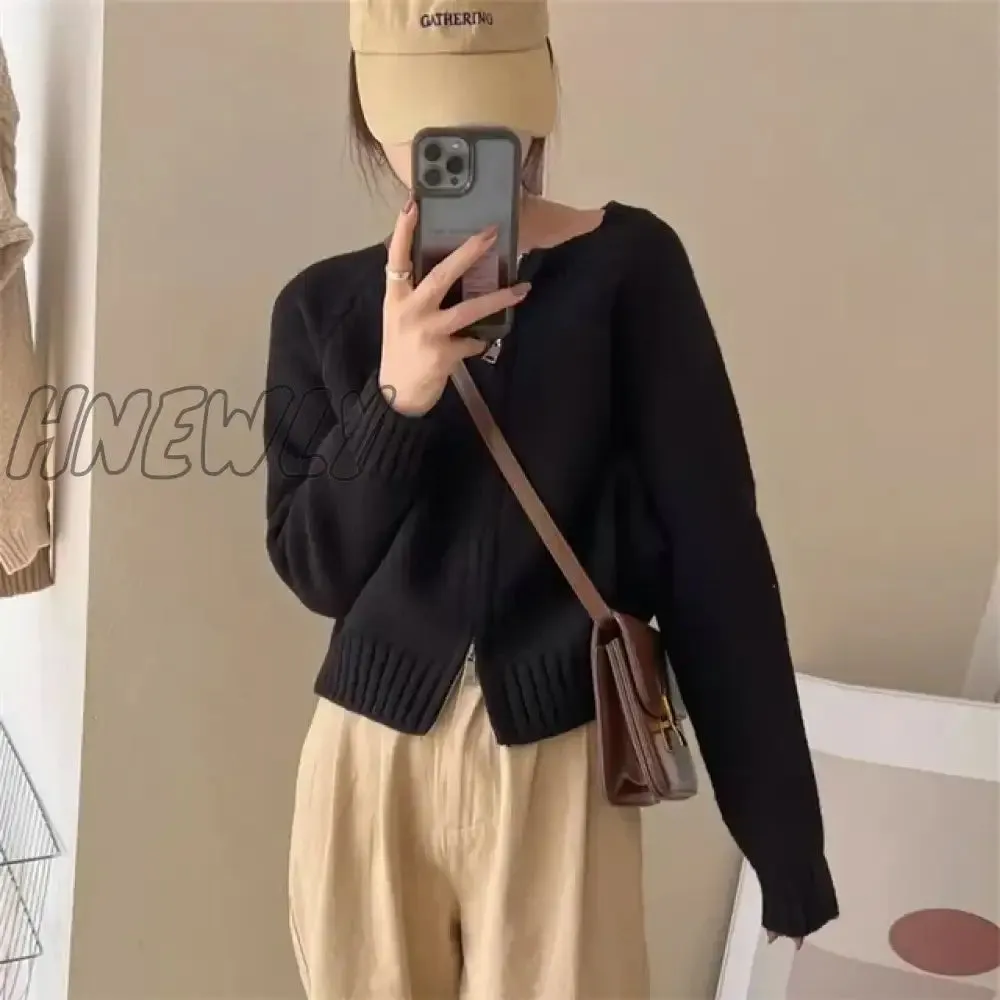 Hnewly Korean Knitted Cardigan Women Sweet Zipper Cropped Sweaters Autumn Vintage Knitwear Coat Casual Short Jumpers Jackets Outerwear