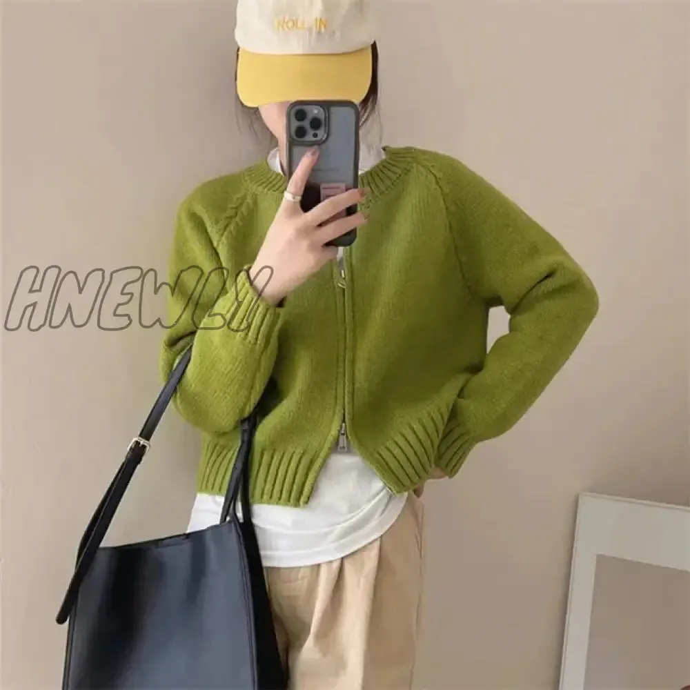 Hnewly Korean Knitted Cardigan Women Sweet Zipper Cropped Sweaters Autumn Vintage Knitwear Coat Casual Short Jumpers Jackets Outerwear