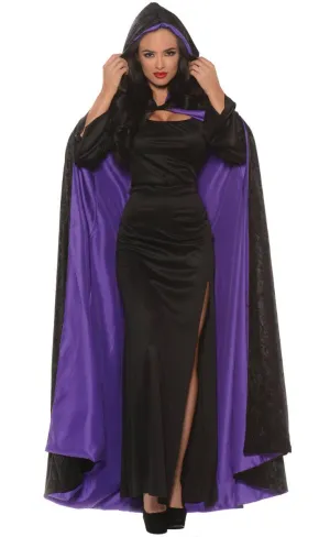 Hooded Black Velvet Cloak with Purple Satin Lining