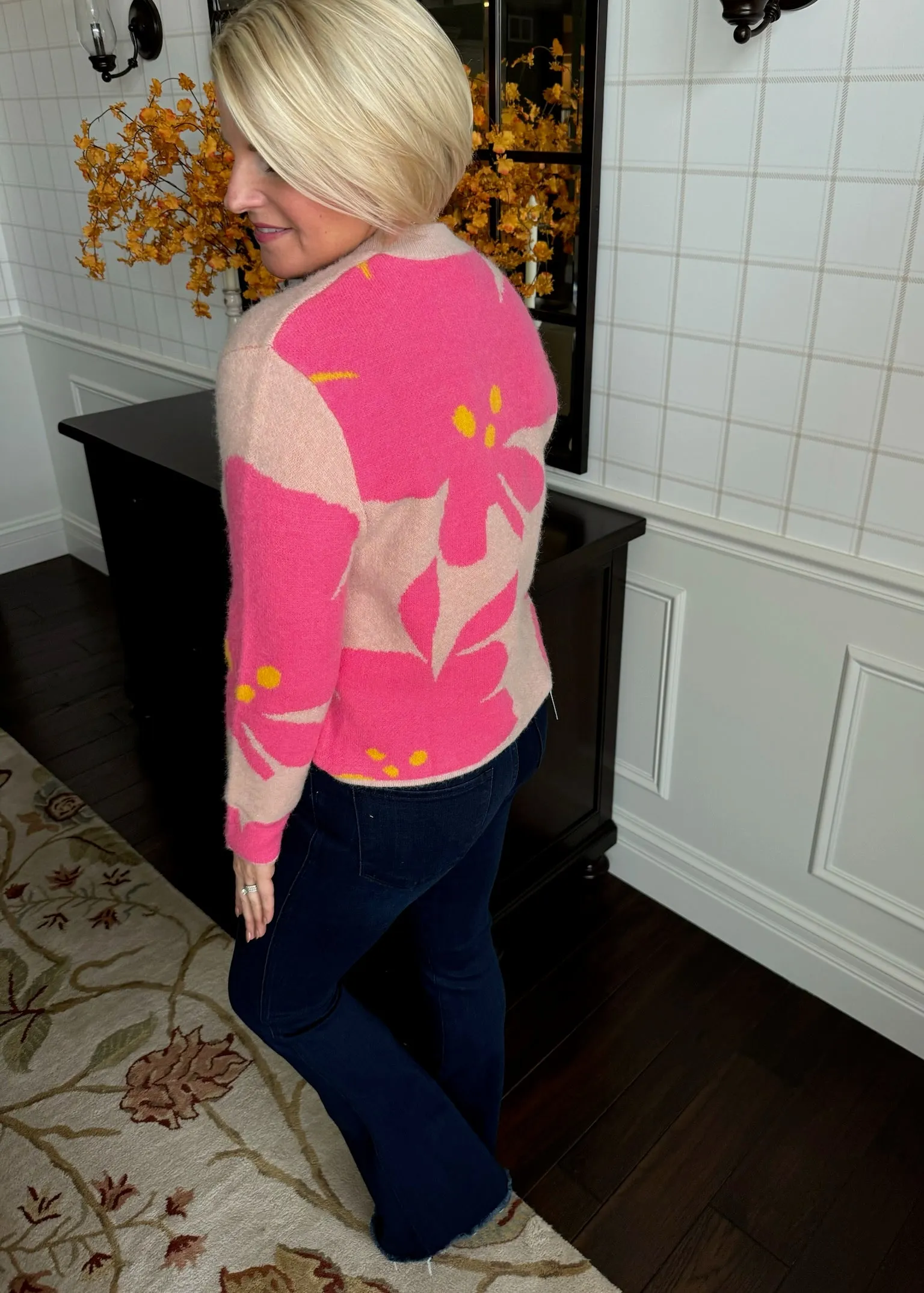 Hot Pink Flower Jacquard Sweater