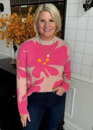 Hot Pink Flower Jacquard Sweater