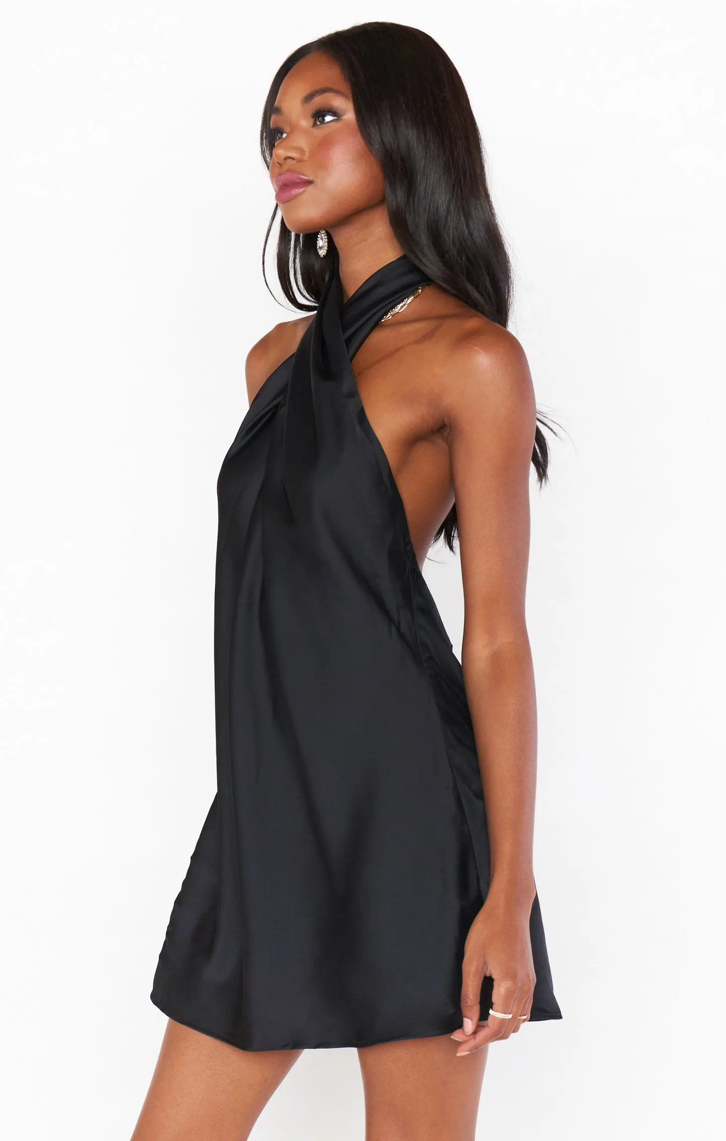 Jasmine Halter Mini Dress ~ Black Luxe Satin