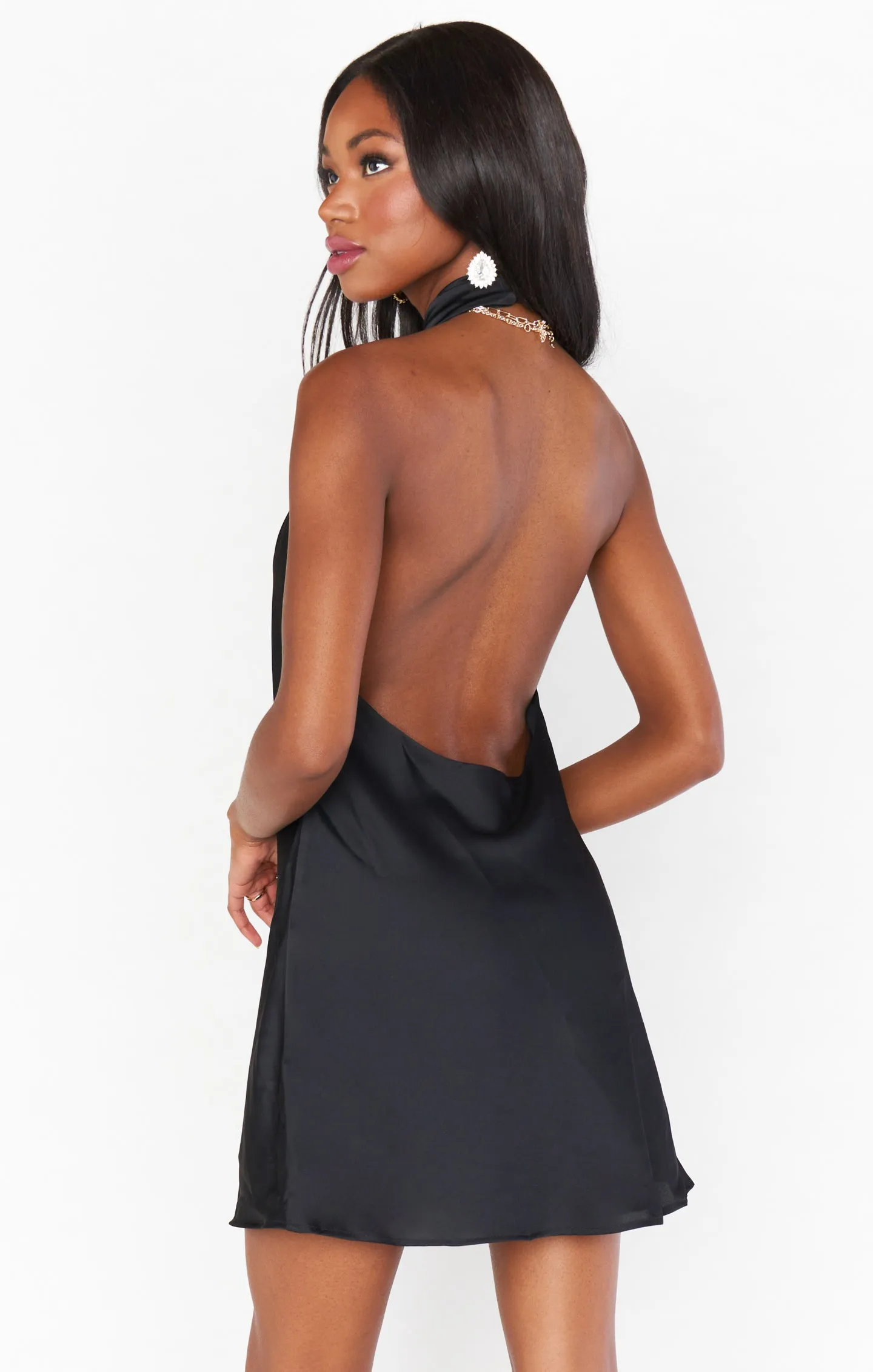 Jasmine Halter Mini Dress ~ Black Luxe Satin