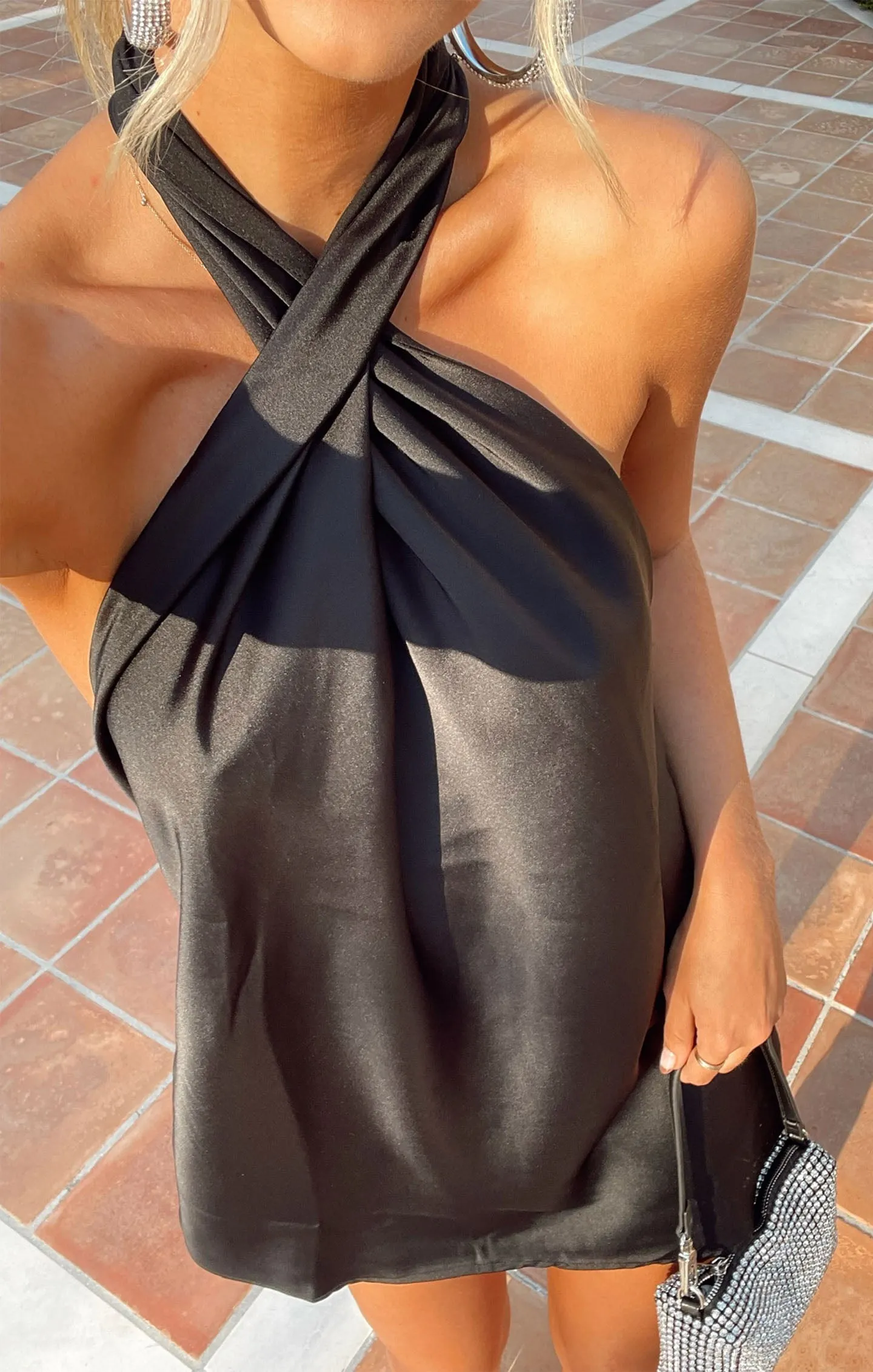 Jasmine Halter Mini Dress ~ Black Luxe Satin