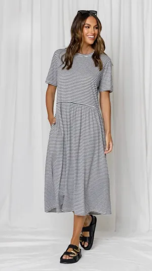 Kara Stripe Dress - Charcoal