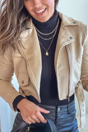 Khaki Belted Cropped Moto Jacket