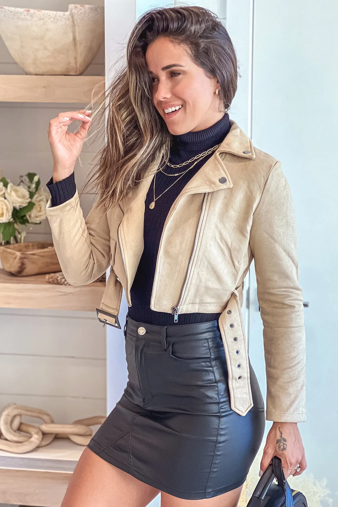 Khaki Belted Cropped Moto Jacket