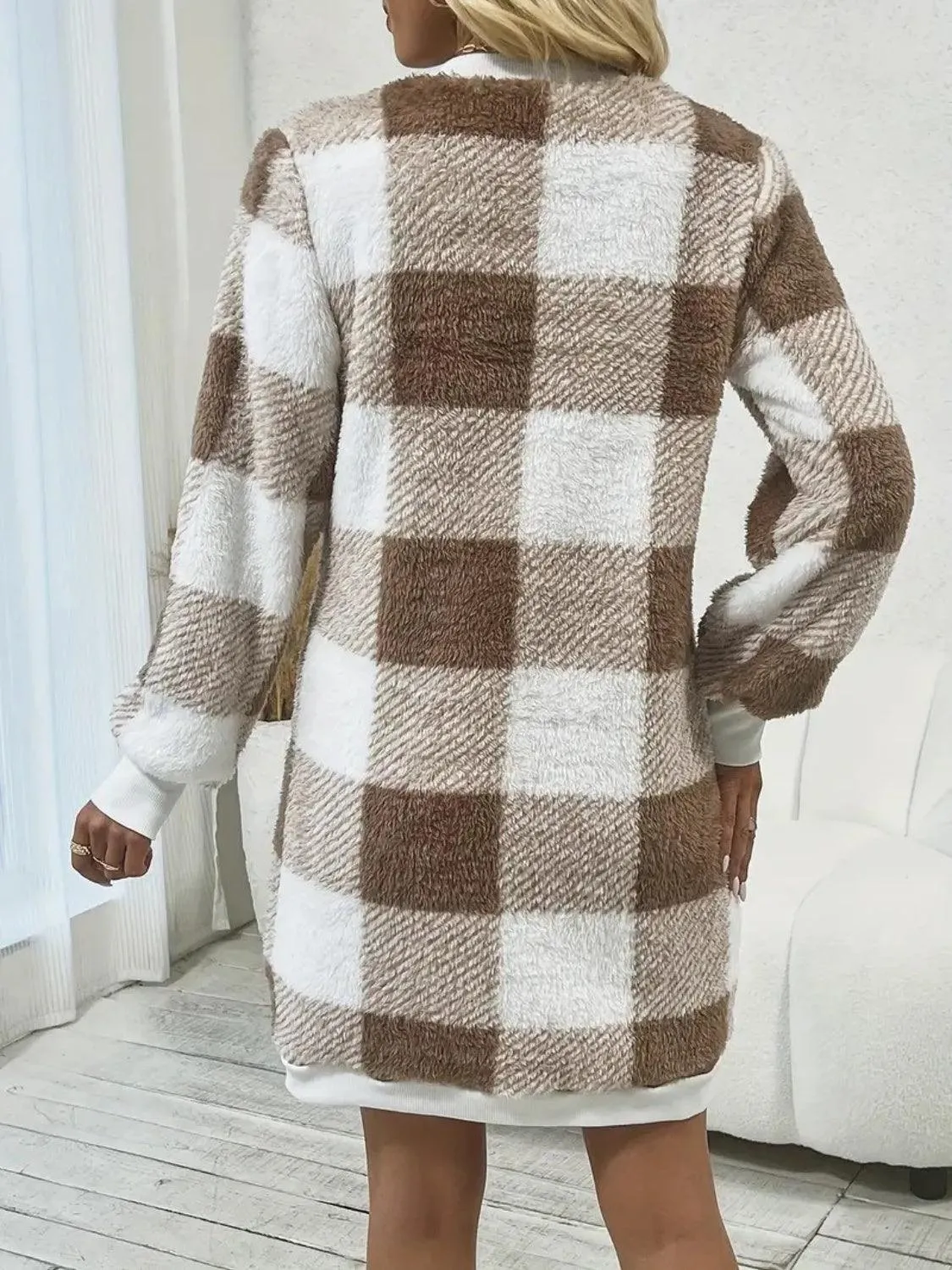 Knit Sweater Mini Dress Plaid V-Neck Long Sleeve Dress