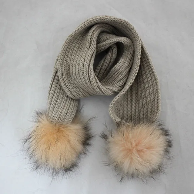 Knitted  Scarf with Pom Pom Fur