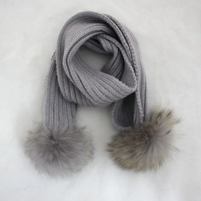 Knitted  Scarf with Pom Pom Fur