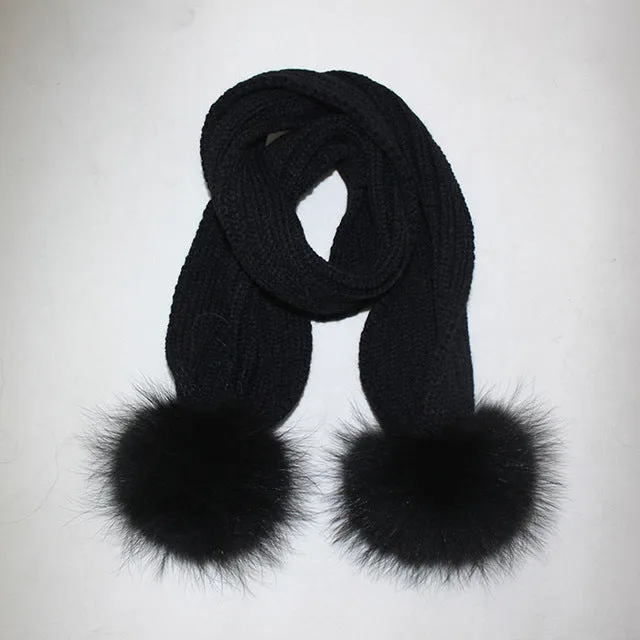 Knitted  Scarf with Pom Pom Fur