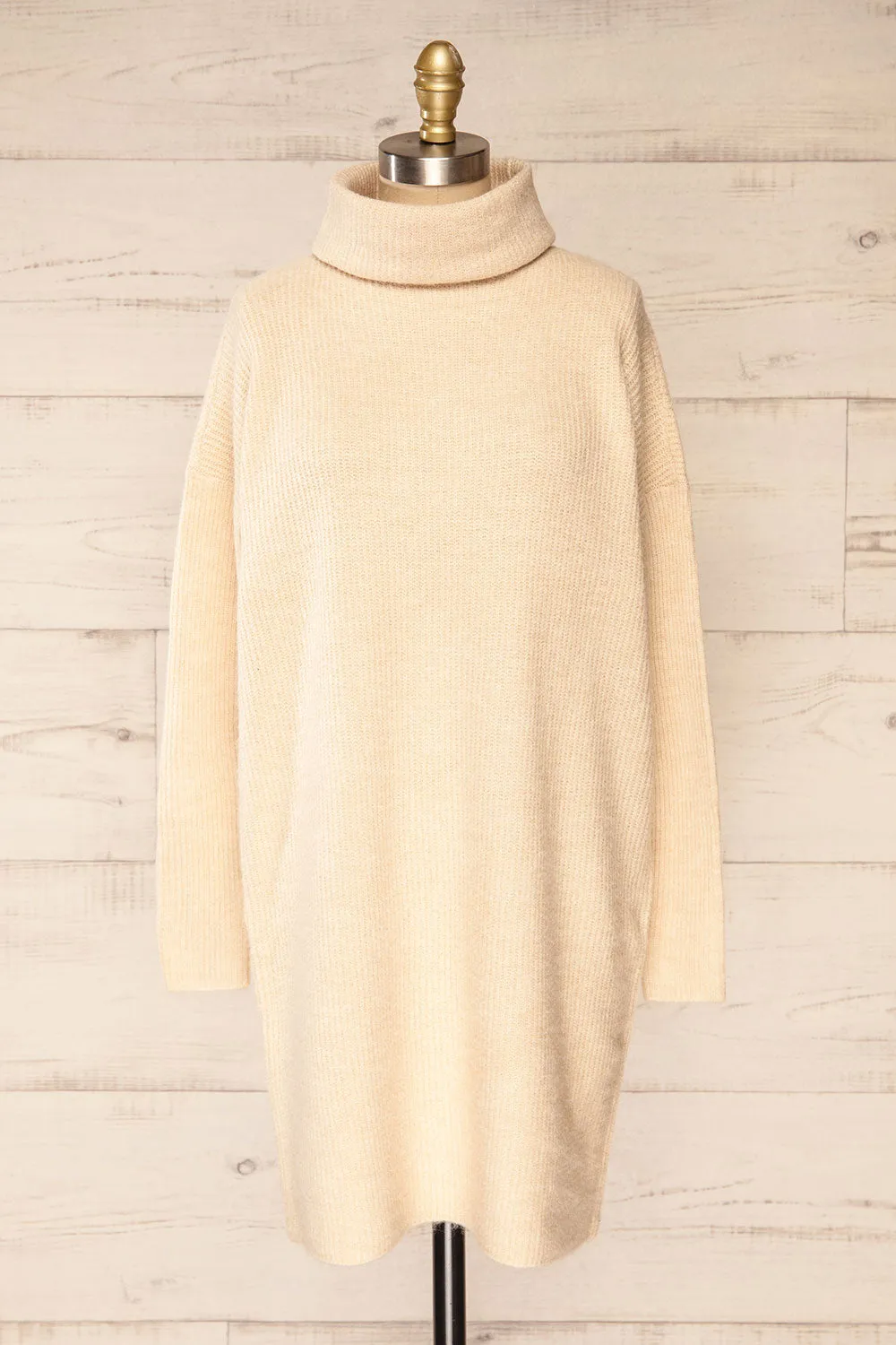 Koror Beige | Knit Turtleneck Sweater Dress