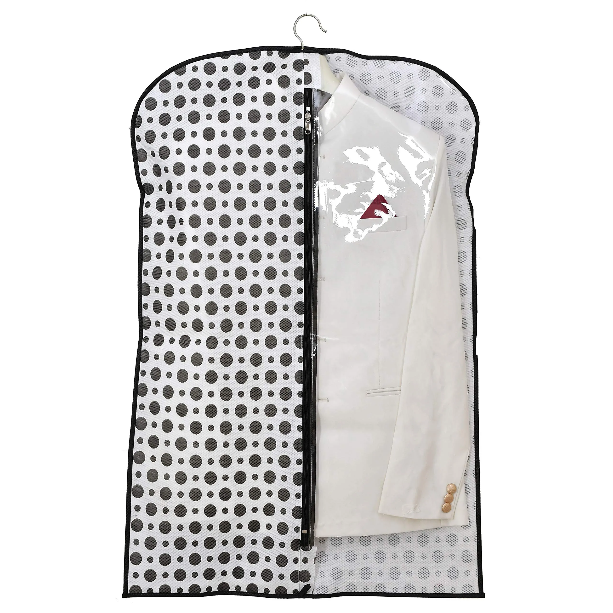 Kuber Industries Polka Dots Printed Half Transparent Non Woven Men's Coat Blazer Cover (Black & White) -KUBMART874