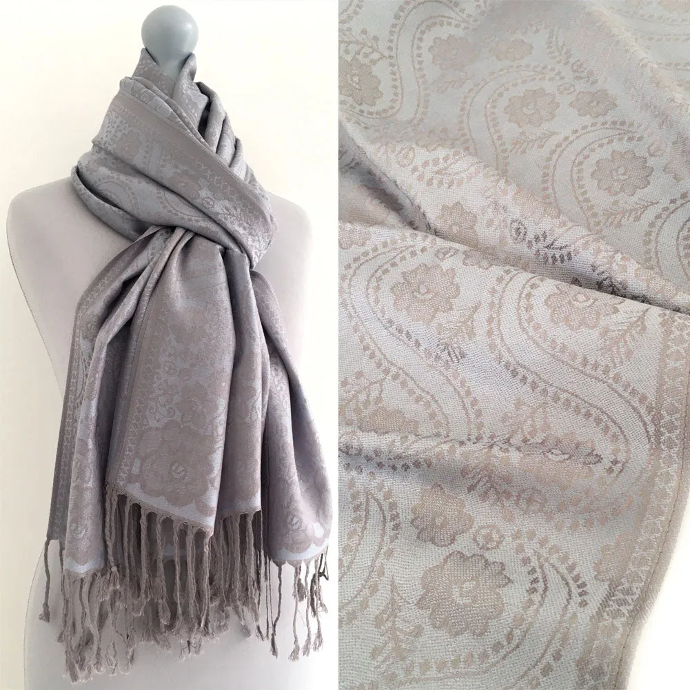 LARGE SILVERY BLUE SWIRL FLORAL PRINT REVERSIBLE PASHMINA SHAWL SCARF