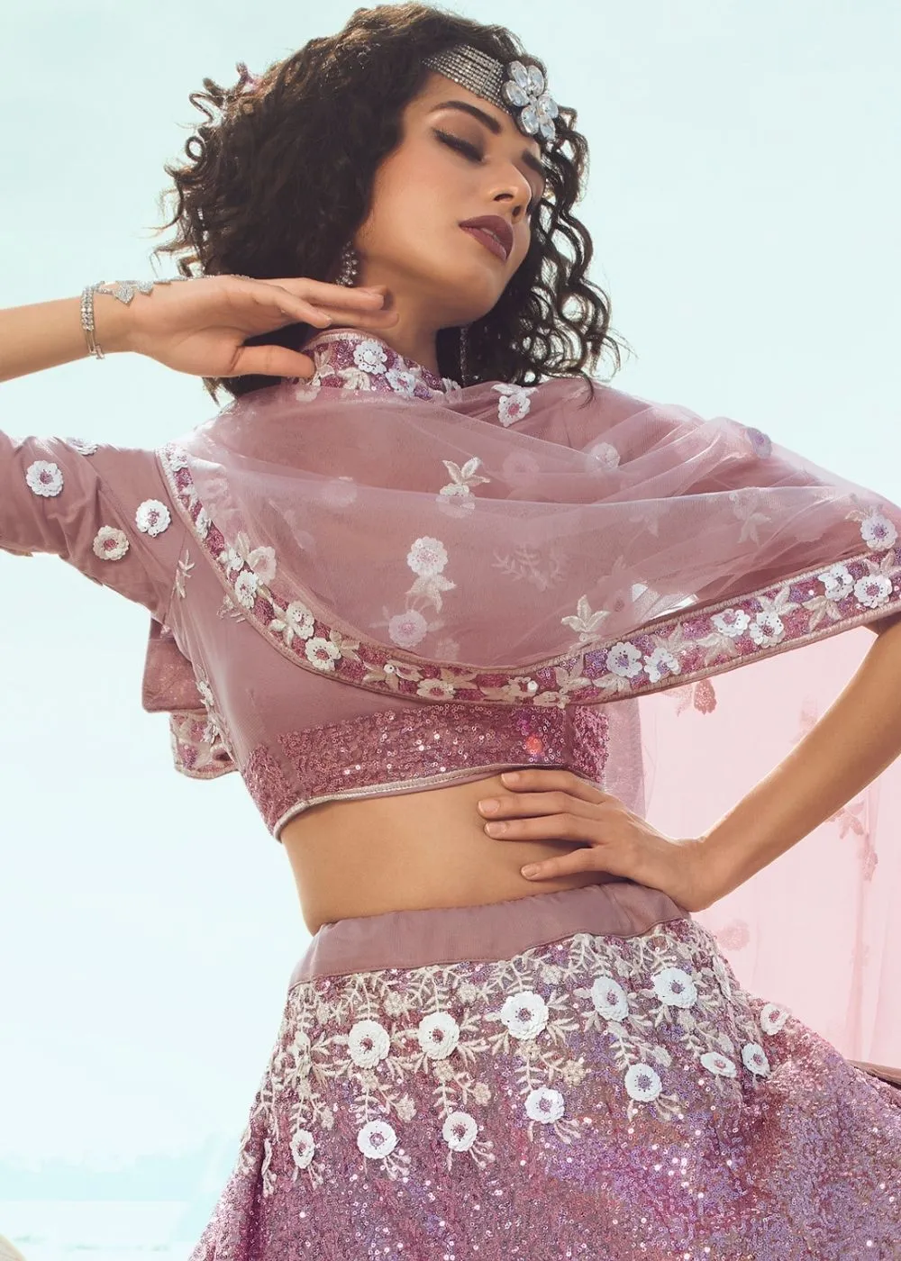 Lilac Soft Net Designer Lehenga Choli with overall Sequins and Thread work