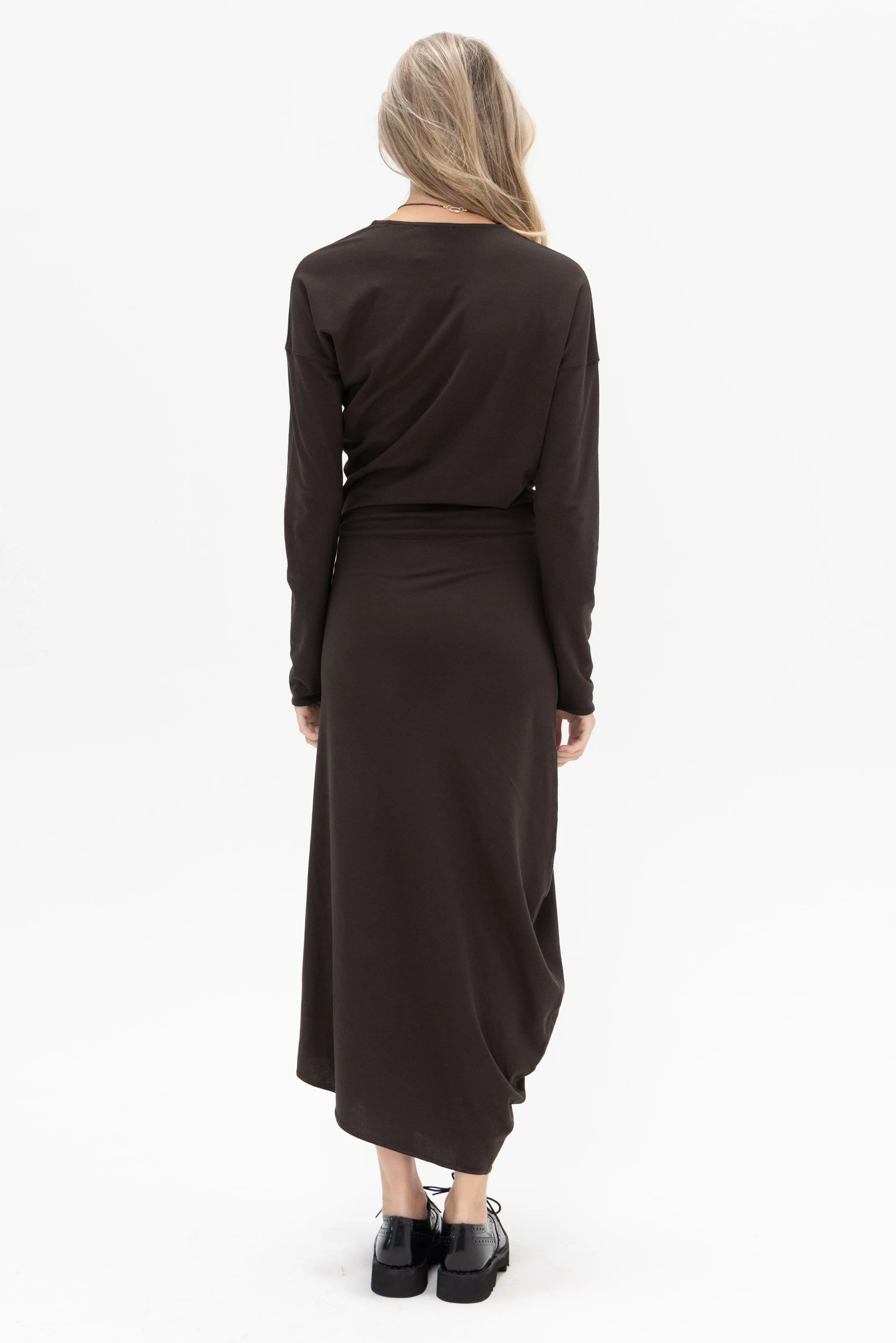 Long Sleeve Twisted Dress, Dark Espresso