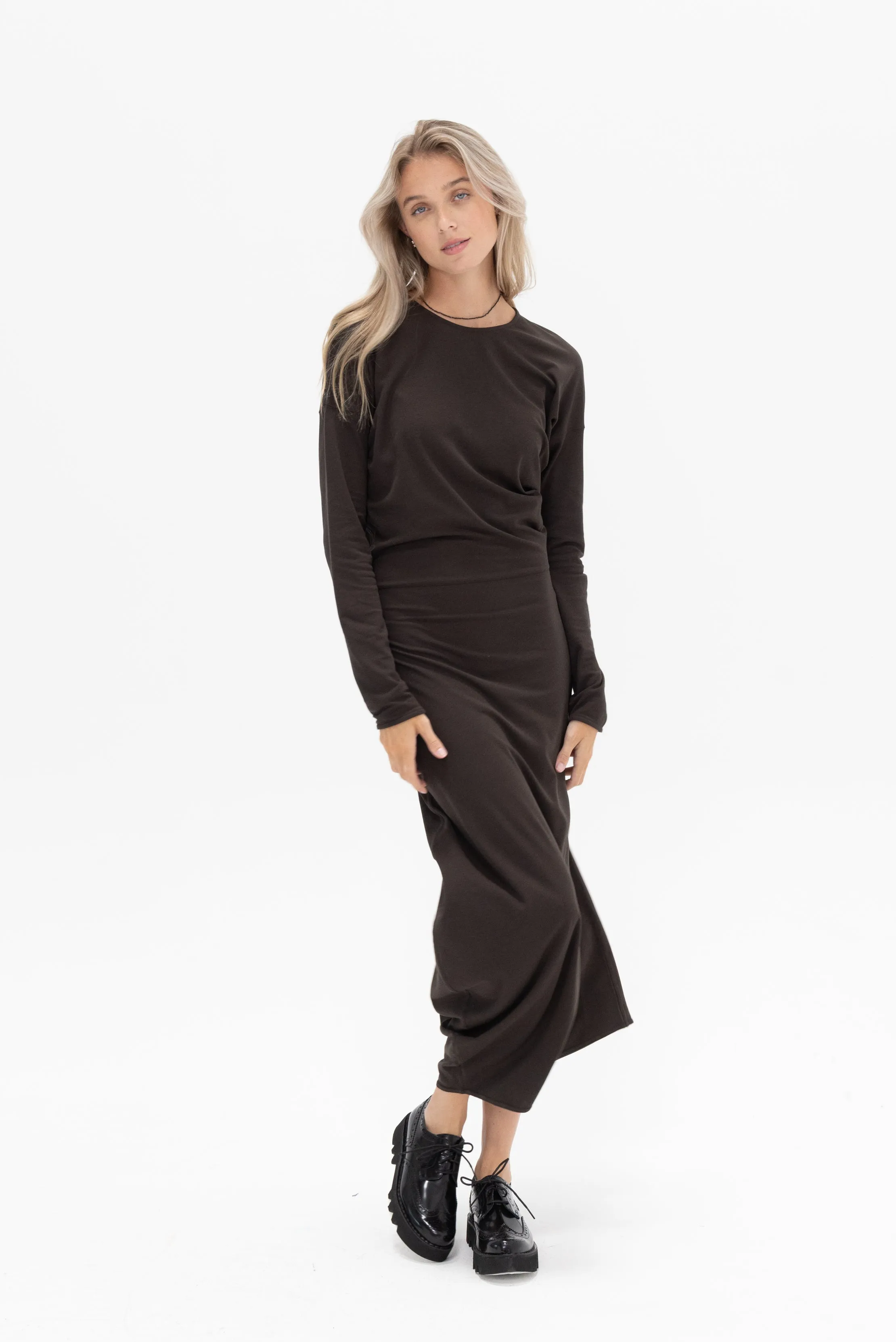 Long Sleeve Twisted Dress, Dark Espresso