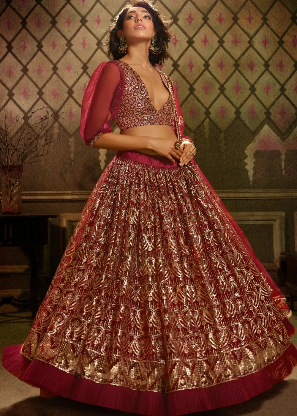 Maroon Soft Net Designer Lehenga Choli with overall Sequins work