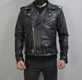 Men's Black Motorcycle Genuine Leather Slim-Fit Half-Belted Biker Jacket