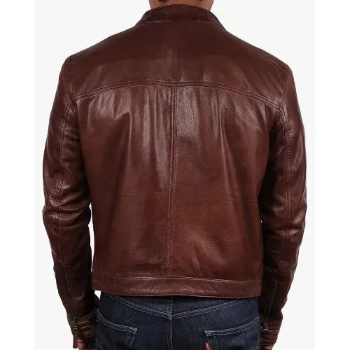 Mens brown slim fit biker motorcycle vintage cafe racer real leather jacket