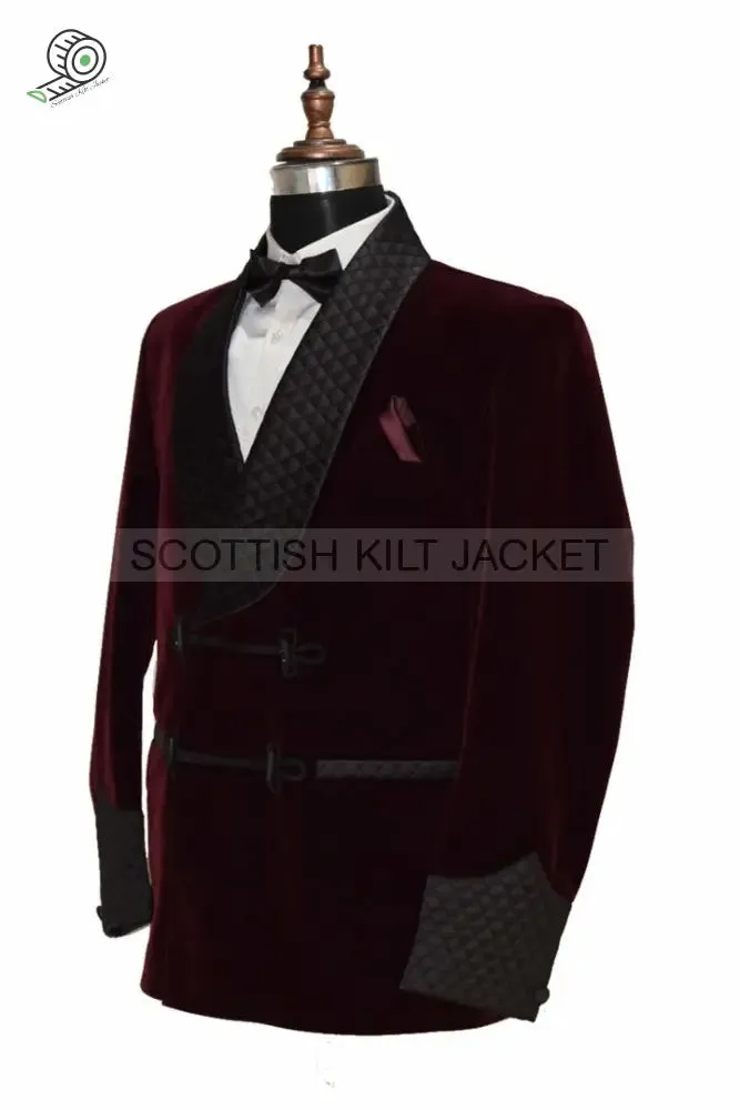 Men's Burgundy Velvet Jacket with Quilting for Evening Events