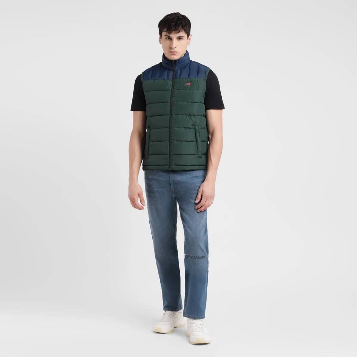 Men's Colorblock Green High Neck Quilted Jacket