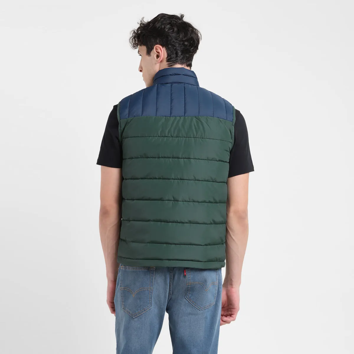 Men's Colorblock Green High Neck Quilted Jacket