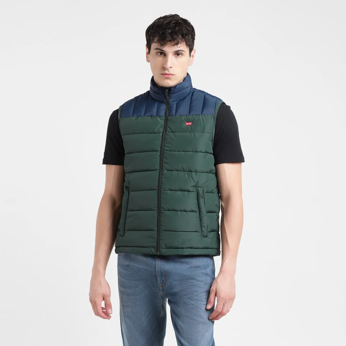 Men's Colorblock Green High Neck Quilted Jacket