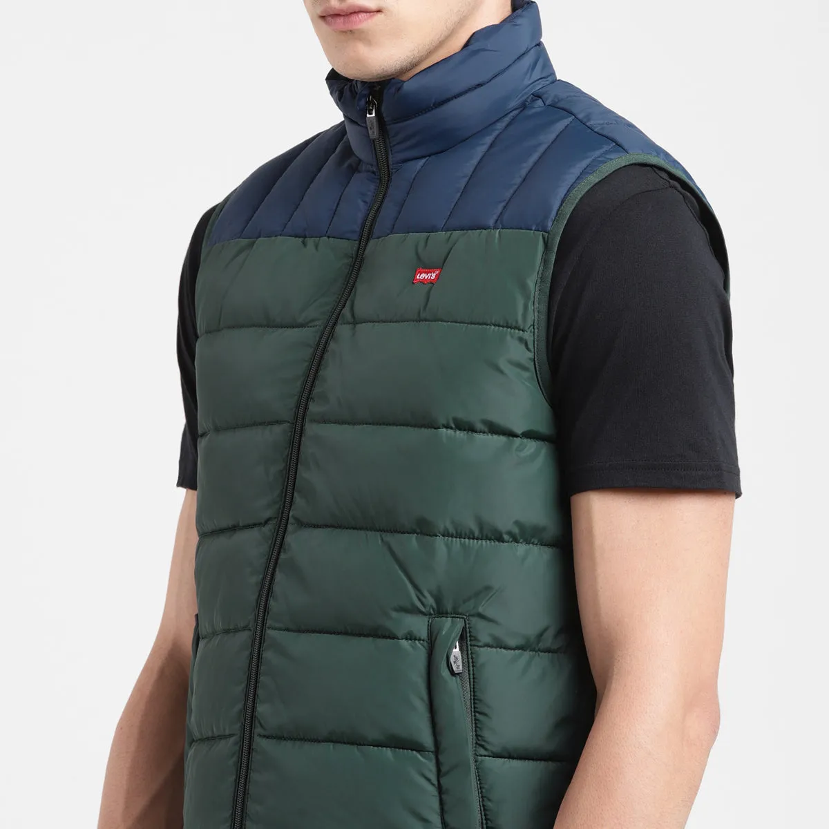 Men's Colorblock Green High Neck Quilted Jacket