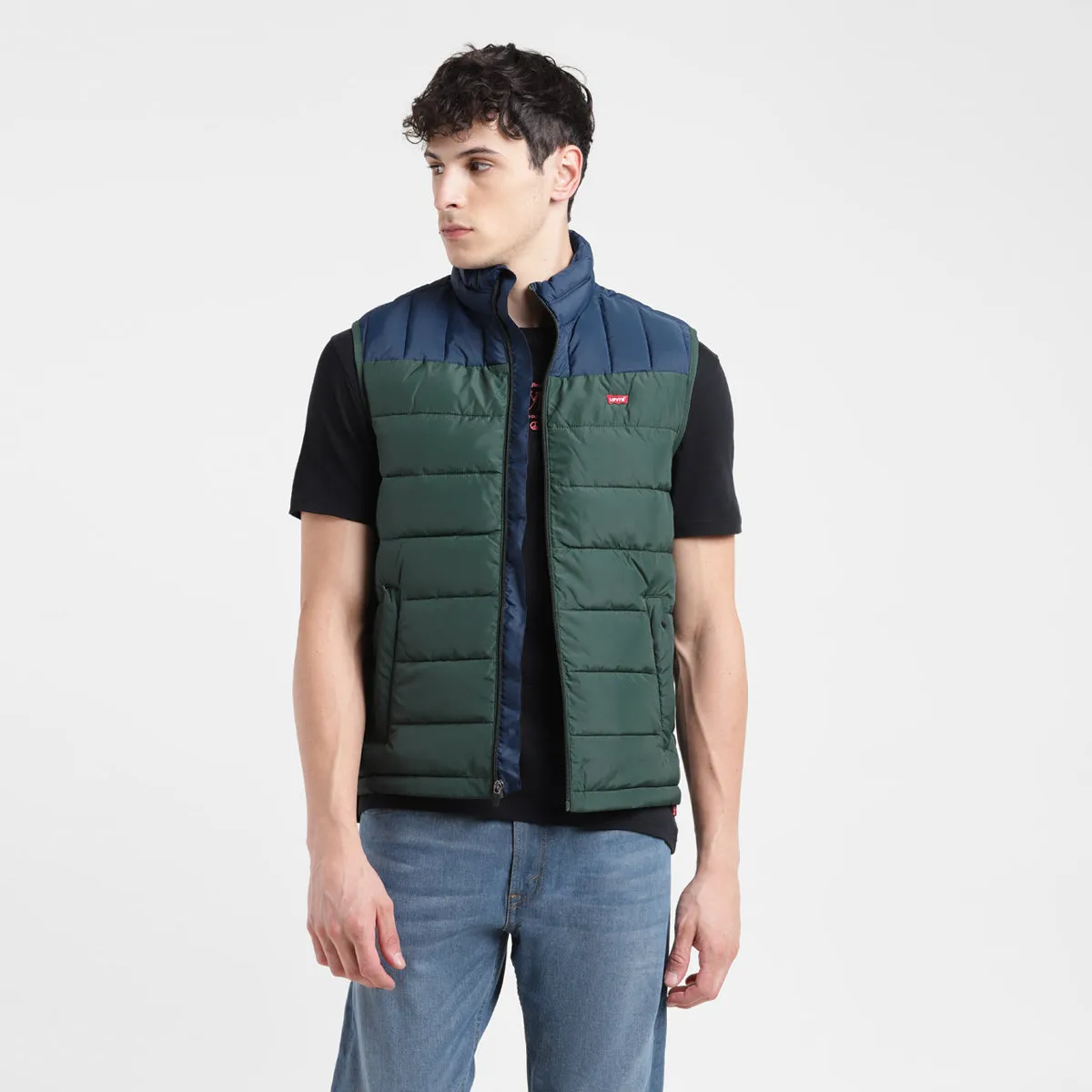 Men's Colorblock Green High Neck Quilted Jacket