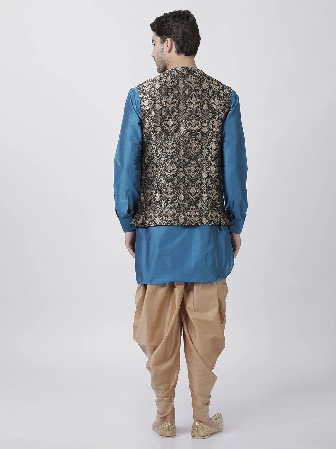 Men's Firozi Blue Cotton Silk Blend Kurta, Ethnic Jacket and Dhoti Pant Set