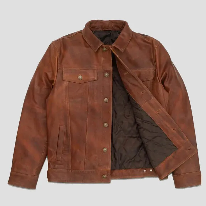 Men's Goatskin Plain Brown Trucker Leather Jacket