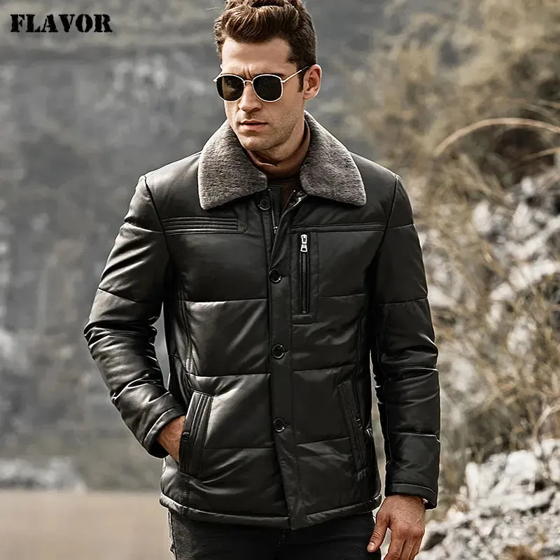 Men's Leather Jacket with Removable Sheep Fur Collar