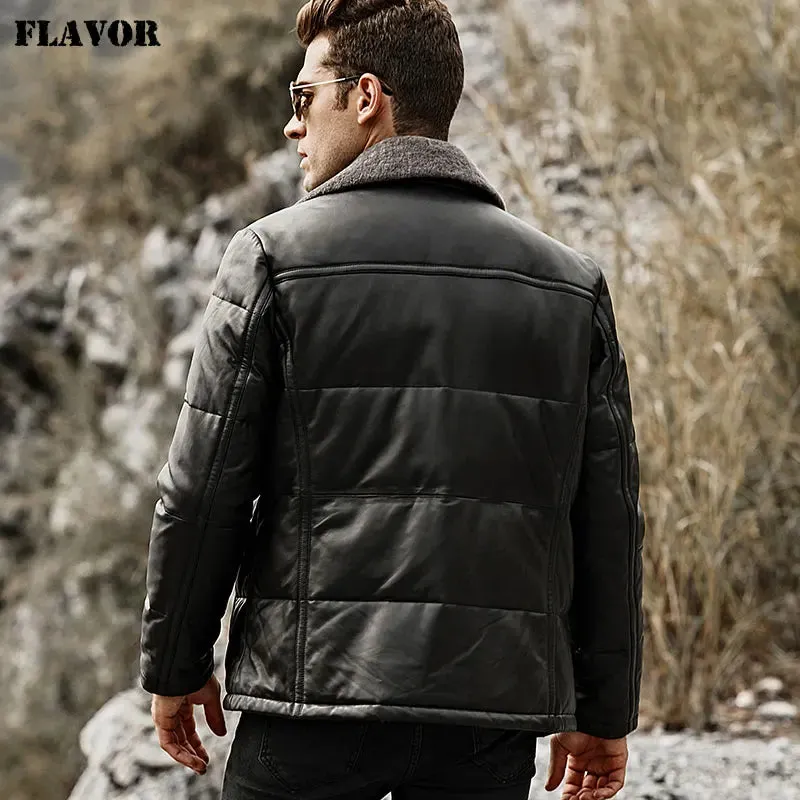 Men's Leather Jacket with Removable Sheep Fur Collar