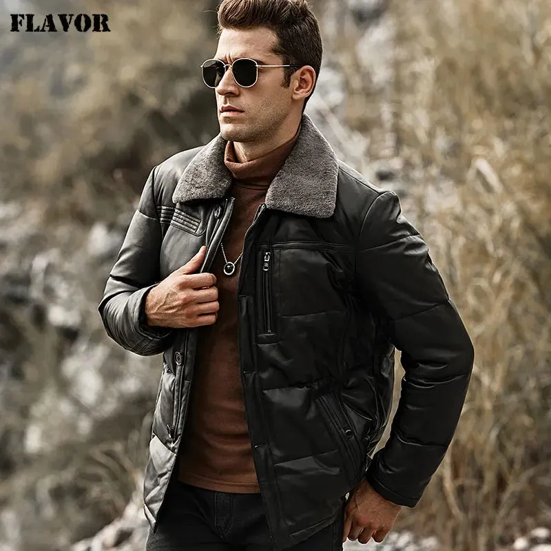 Men's Leather Jacket with Removable Sheep Fur Collar